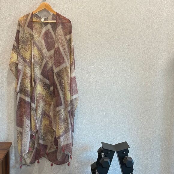 Cato Lightweight Purple & Yellow Snakeskin Tassel Kimono Cardigan One Size - Picture 2 of 9
